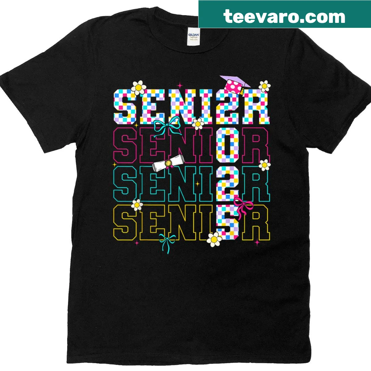 Graduation T-shirt for Class of 2025 with rainbow flower design — on a men's t-shirt