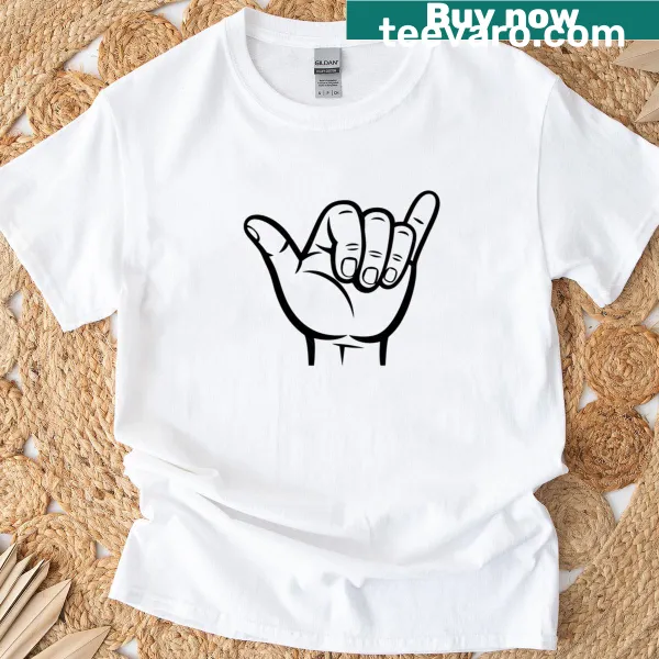 Cartoon Shaka hand gesture design T-shirt for relaxed vibes.