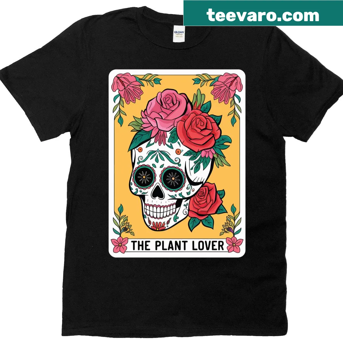 T-shirt with skeleton and tarot card graphic — on a men's t-shirt