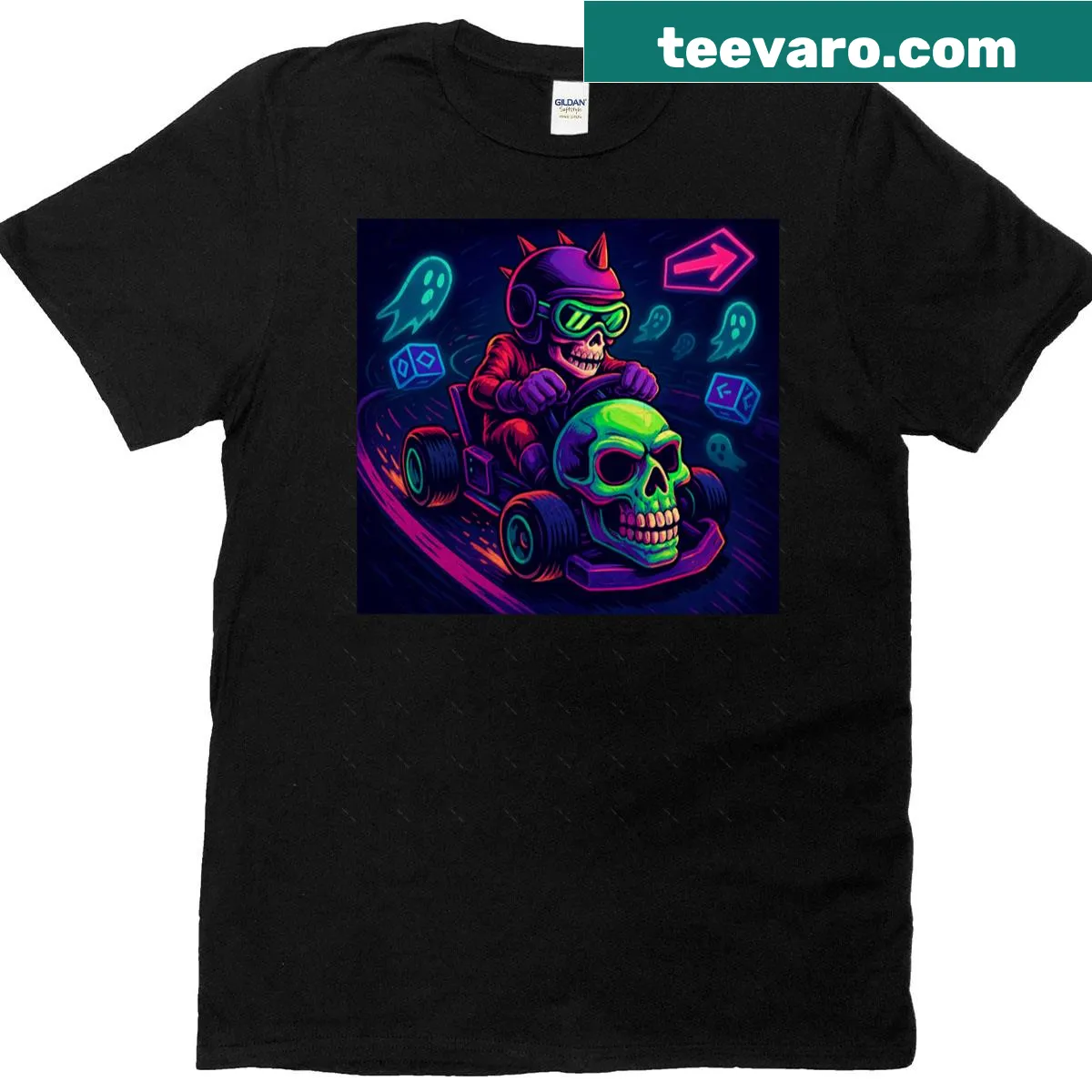 Cartoon skull racing in a ghost kart on oversized shirt — on a men's t-shirt