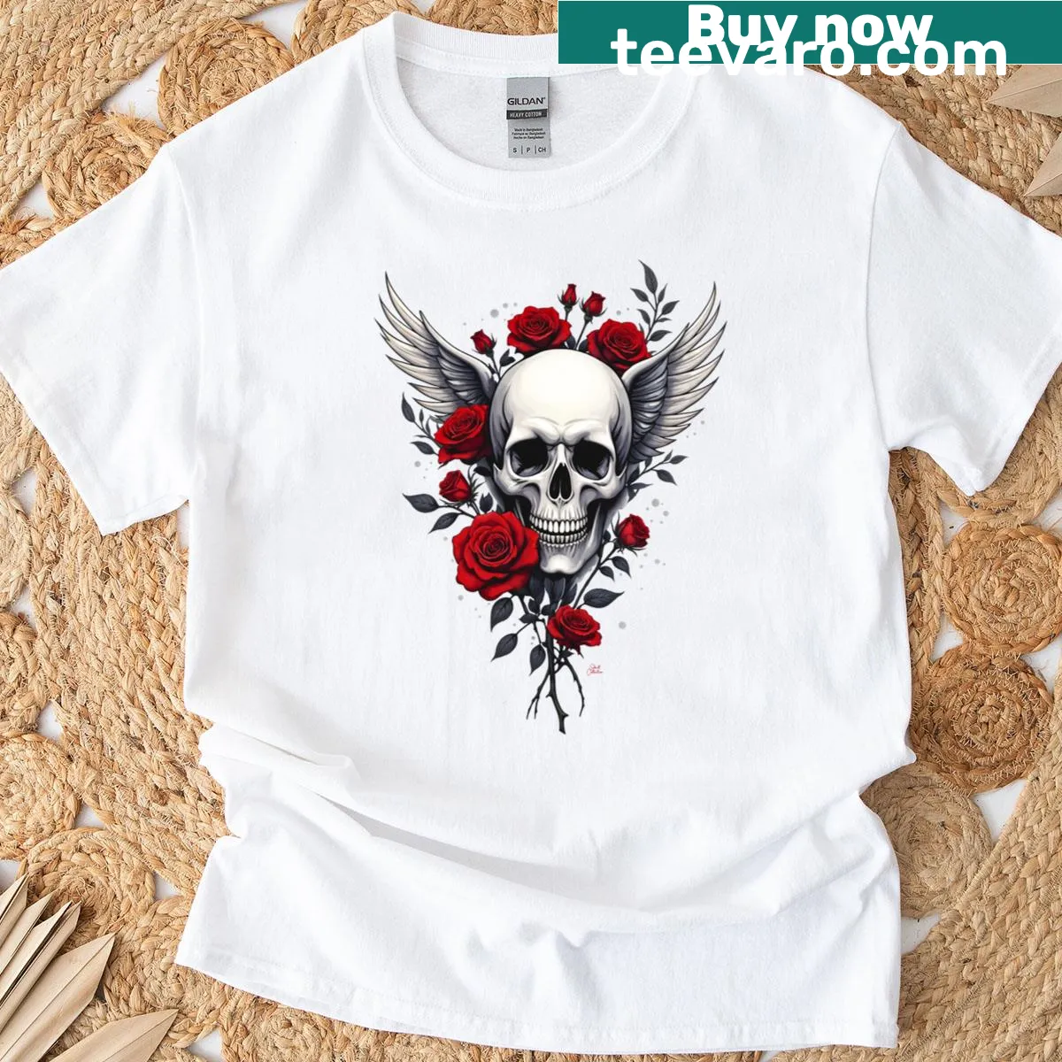 Gothic T-shirt with skull wings and red roses graphic — on a men's t-shirt