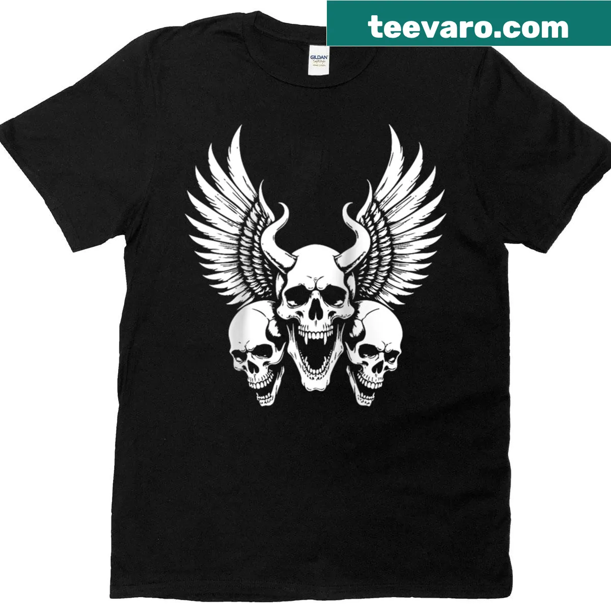 Raglan baseball tee with a skull and demonic wings graphic — on a men's t-shirt