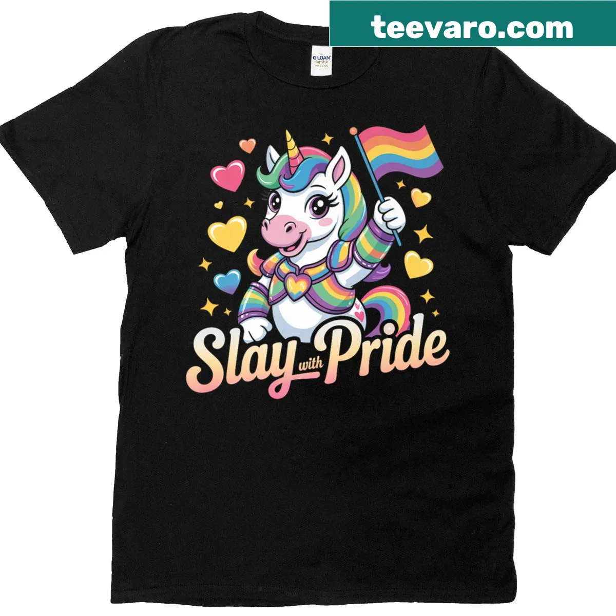 Illustration of a unicorn in rainbow armor on a premium t-shirt — on a men's t-shirt