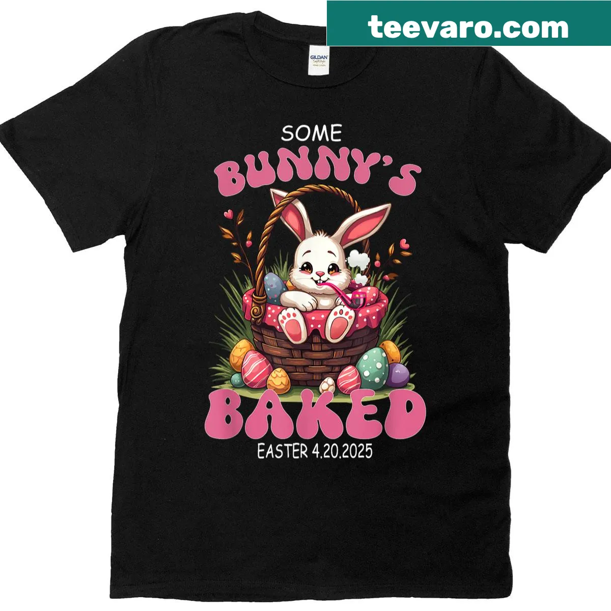 Funny Easter t-shirt with bunny and weed humor illustration — on a men's t-shirt
