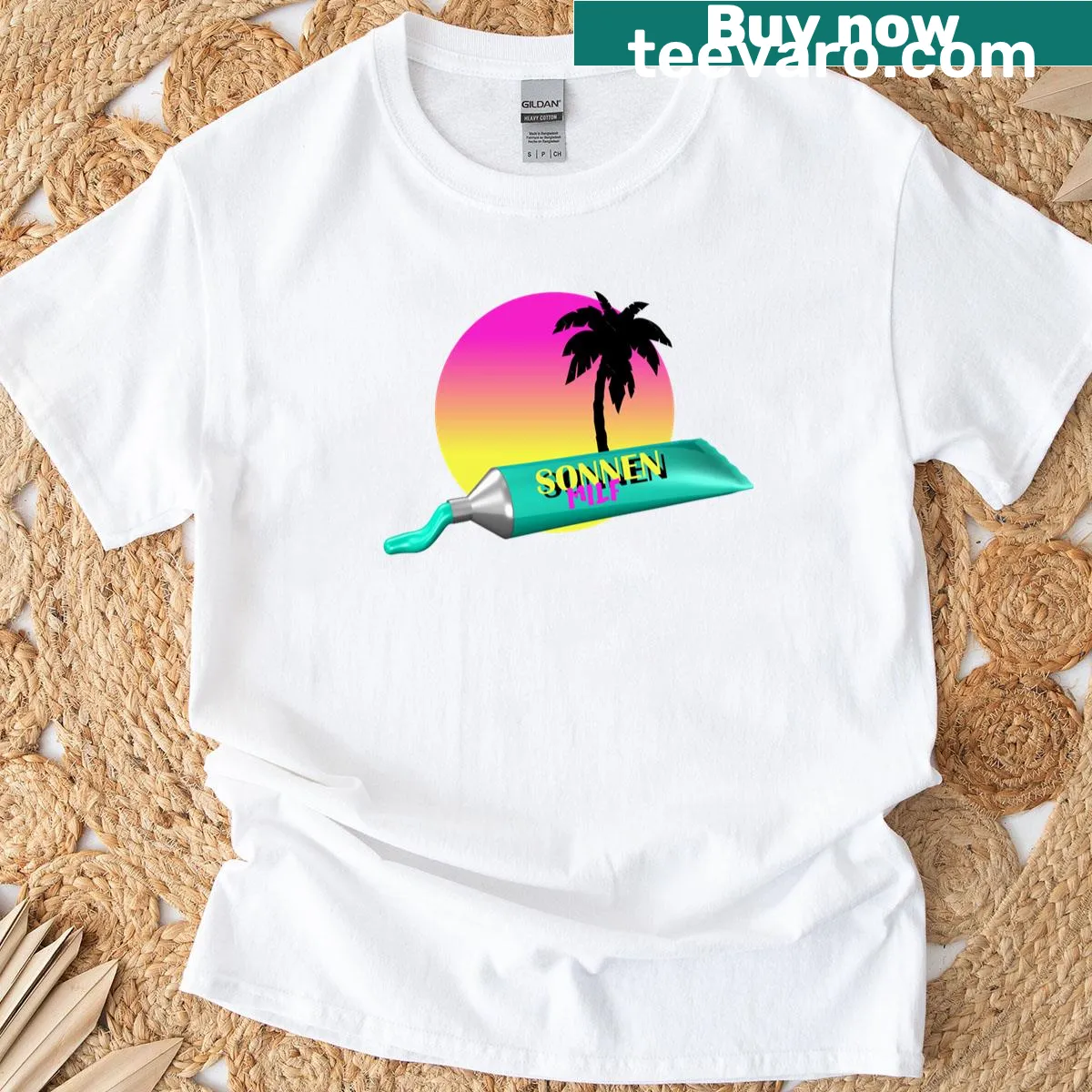 Retro 80s summer T-shirt with nostalgic sun worship design — on a men's t-shirt