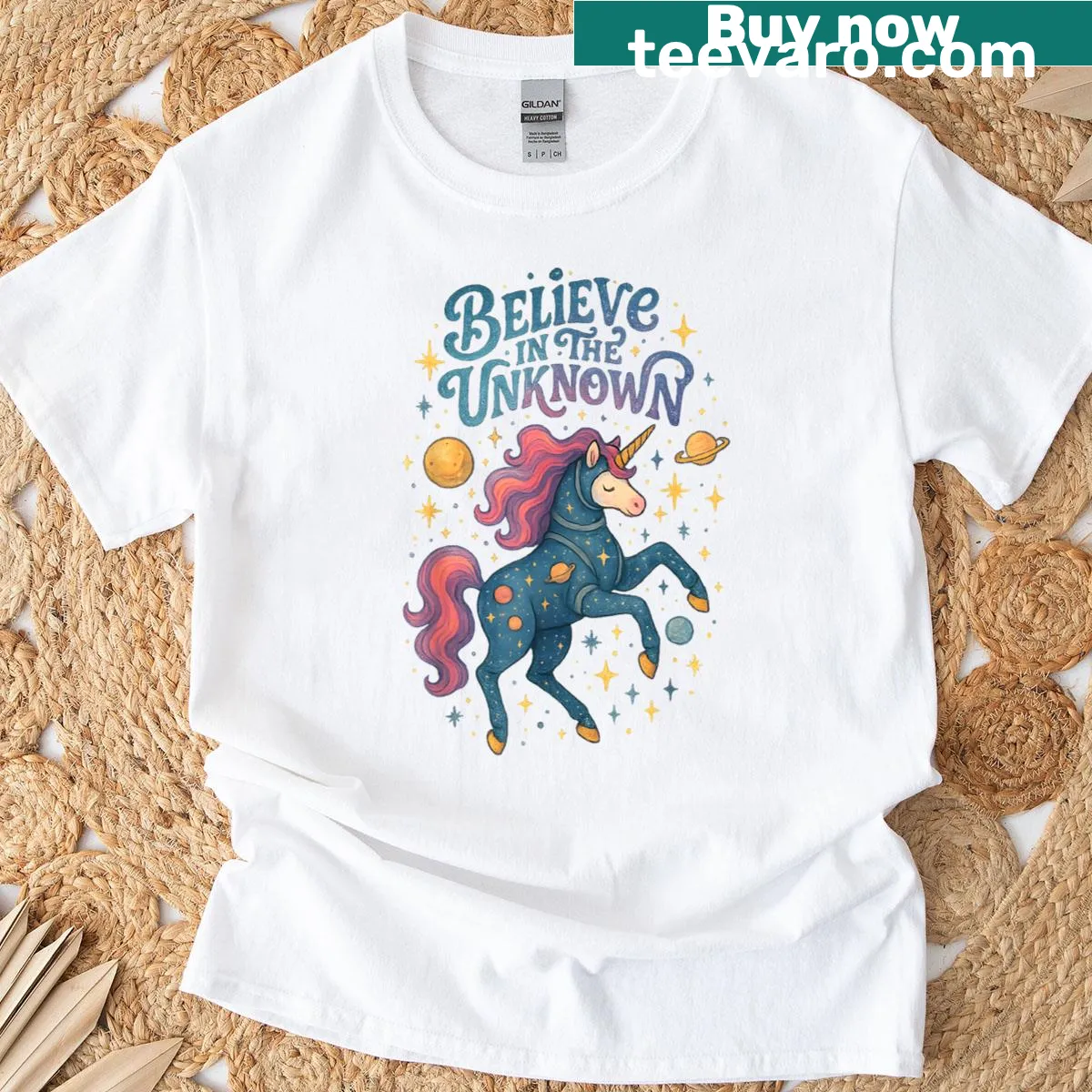 Unicorn fantasy graphic T-shirt with a cosmic theme and playful text. — on a men's t-shirt