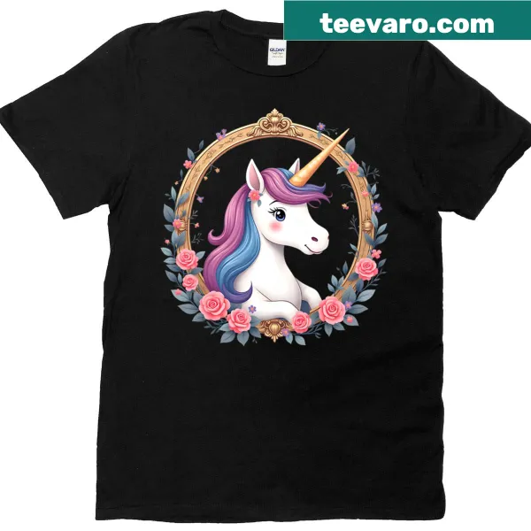 Cute unicorn in a floral wreath design for kids' T-shirt