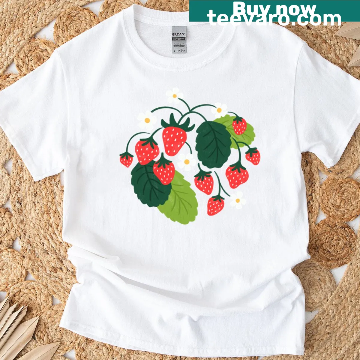 Charming floral illustration of strawberry blossoms on a T-shirt — on a men's t-shirt