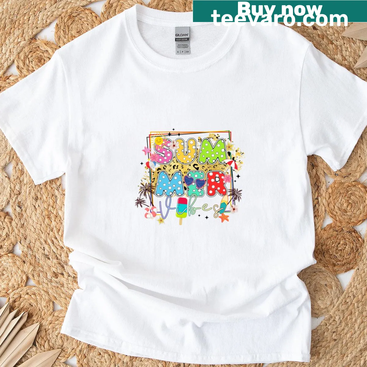 Leopard print T-shirt featuring summer icons in a playful design. — on a men's t-shirt