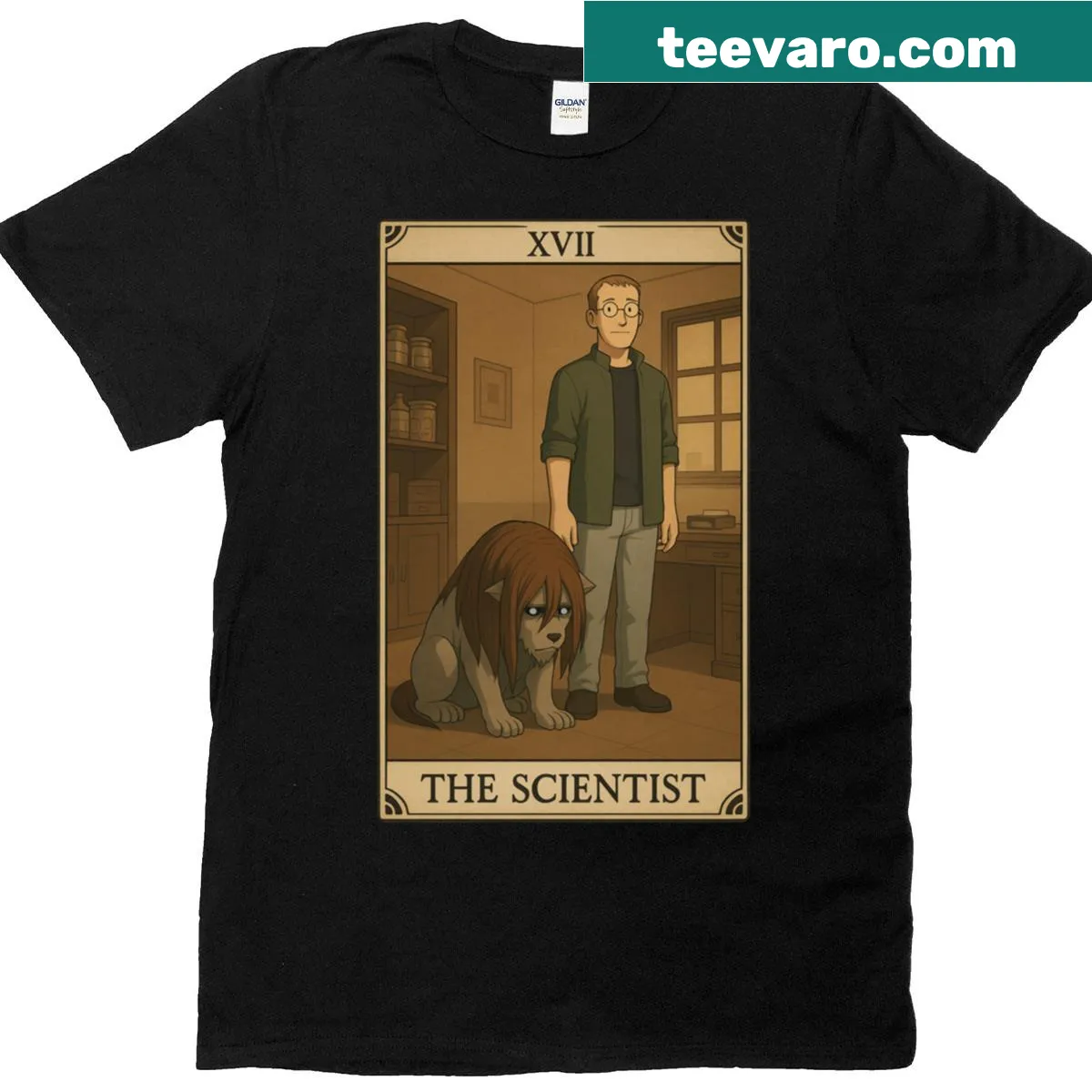 T-shirt featuring a whimsical tarot-inspired illustration of alchemists — on a men's t-shirt
