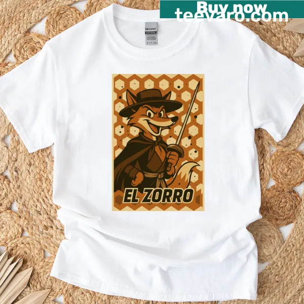 Cartoon-style fox depicted as a retro hero on a t-shirt
