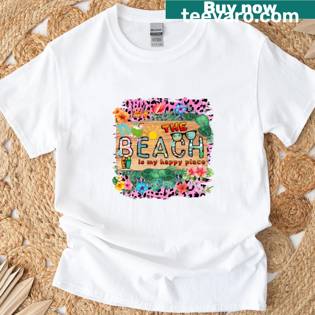 Fun beach-themed t-shirt design emphasizing happiness — on a men's t-shirt
