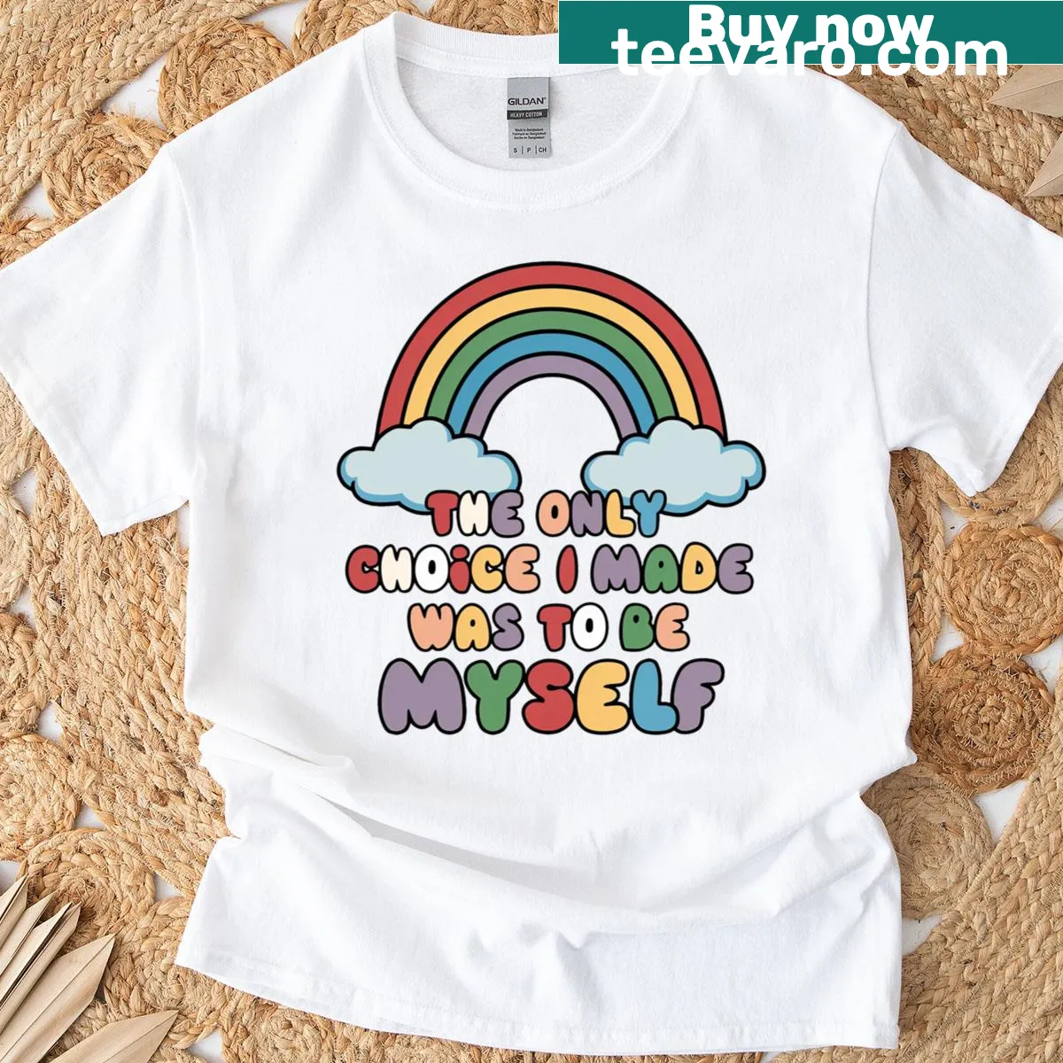 LGBTQ pride t-shirt with rainbow text: 'The Only Choice I Made Was To Be Myself' — on a men's t-shirt