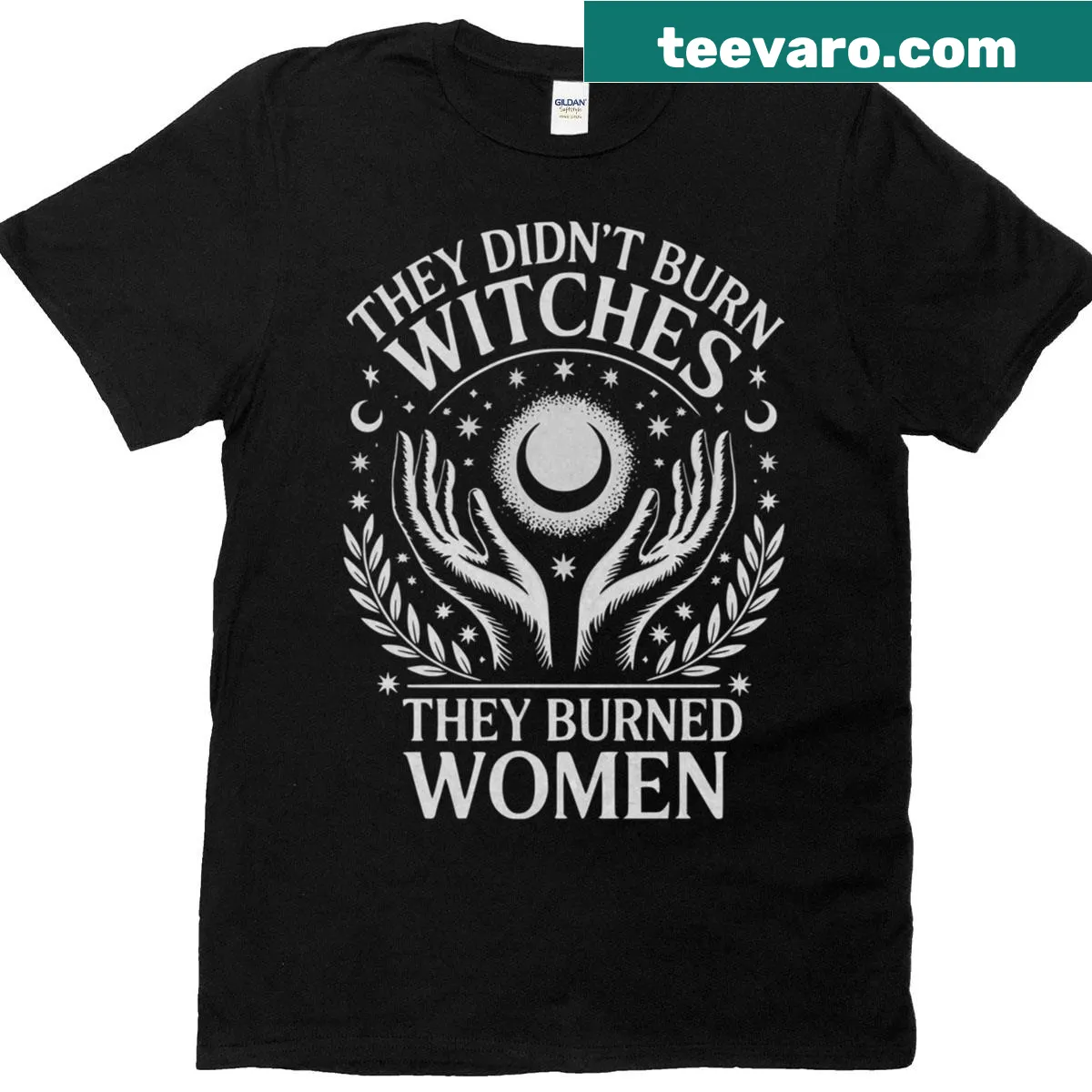 Feminist saying T-shirt about witches and empowerment — on a men's t-shirt