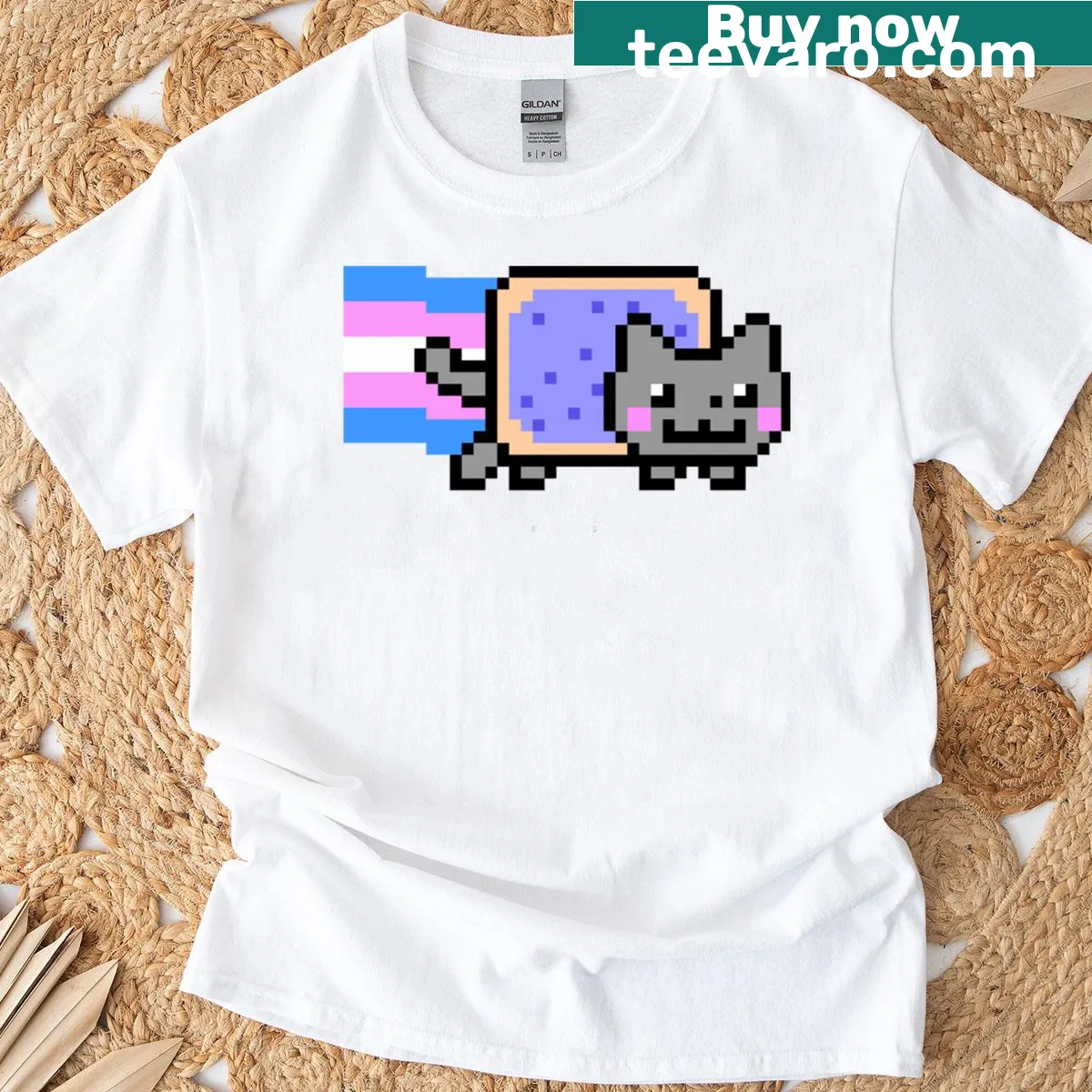 Nyan Cat design featuring trans pride elements — on a men's t-shirt