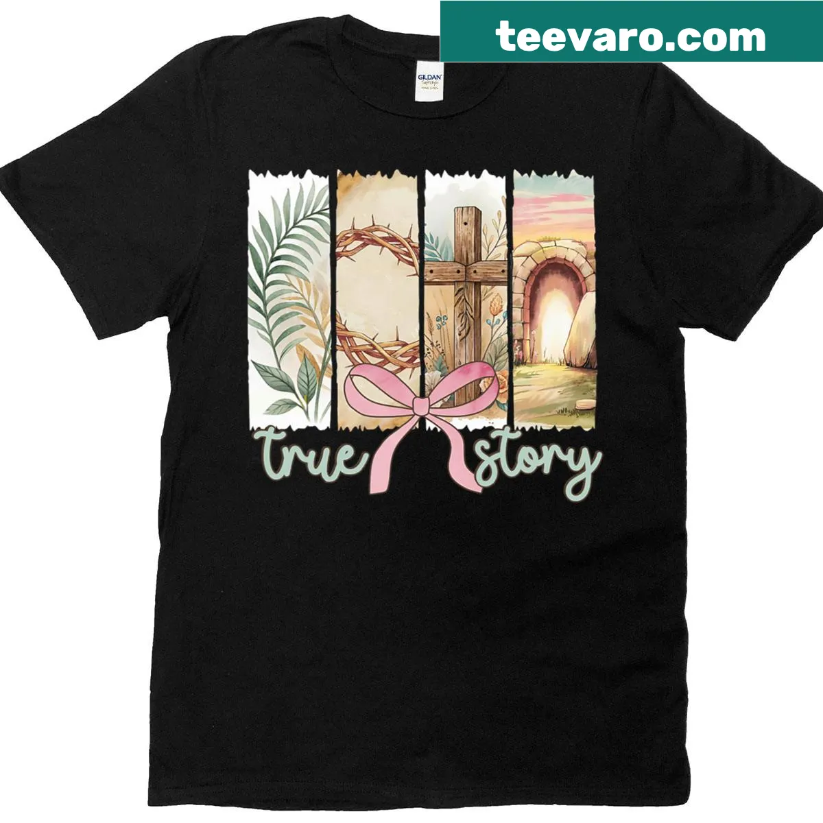 Retro Easter T-shirt with coquette bow and religious message — on a men's t-shirt