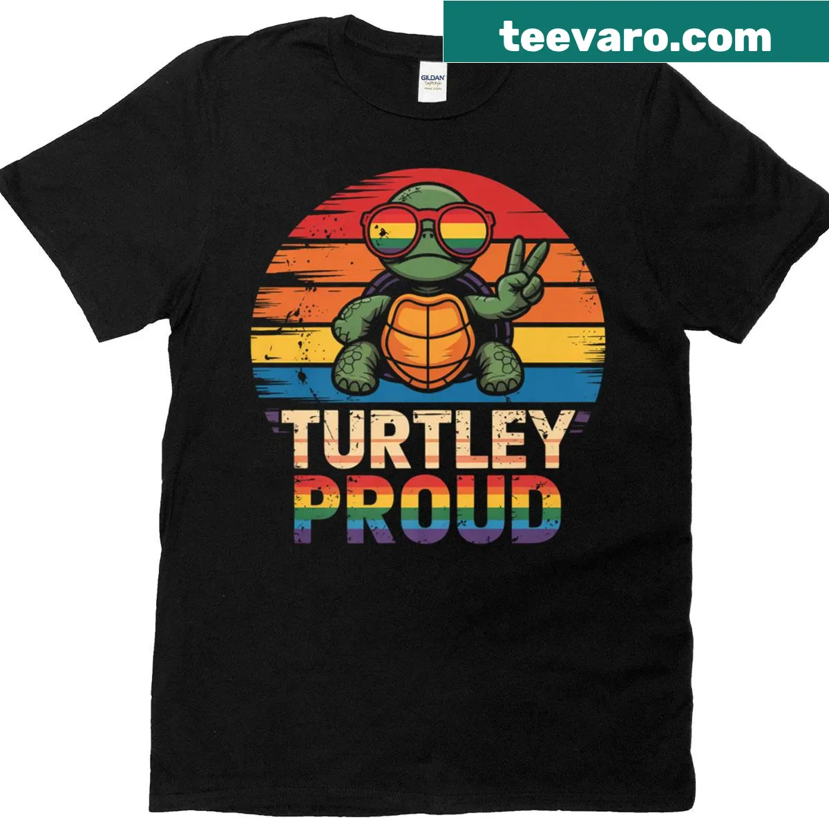 Rainbow turtle graphic on a T-shirt celebrating LGBTQ+ pride — on a men's t-shirt
