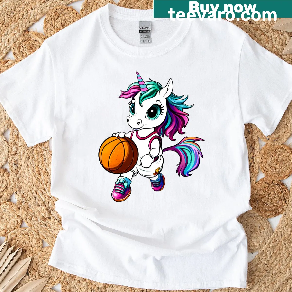 T-shirt featuring a cartoon unicorn playing basketball — on a men's t-shirt