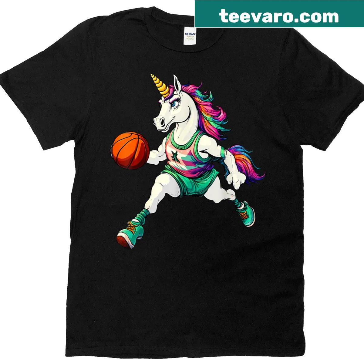 T-shirt with whimsical illustration of a unicorn playing basketball — on a men's t-shirt