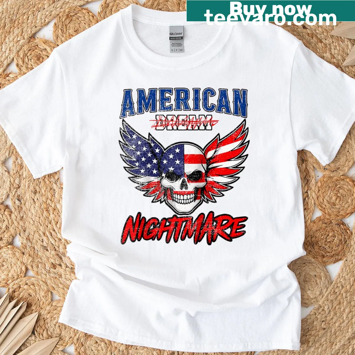 Patriotic skull graphic with USA flag on a raglan baseball t-shirt — on a men's t-shirt