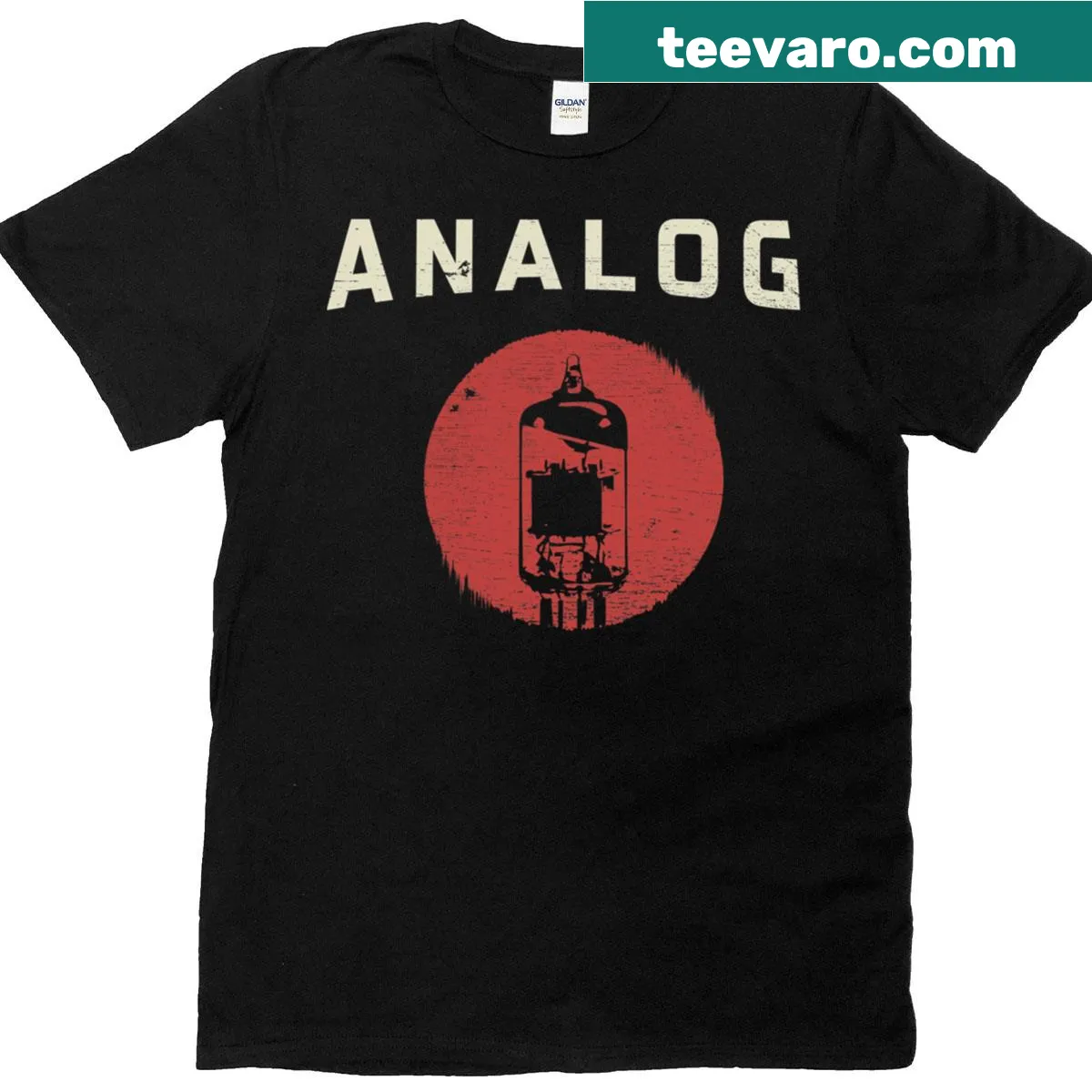 Distressed effect T-shirt featuring minimalist vacuum tube line art — on a men's t-shirt