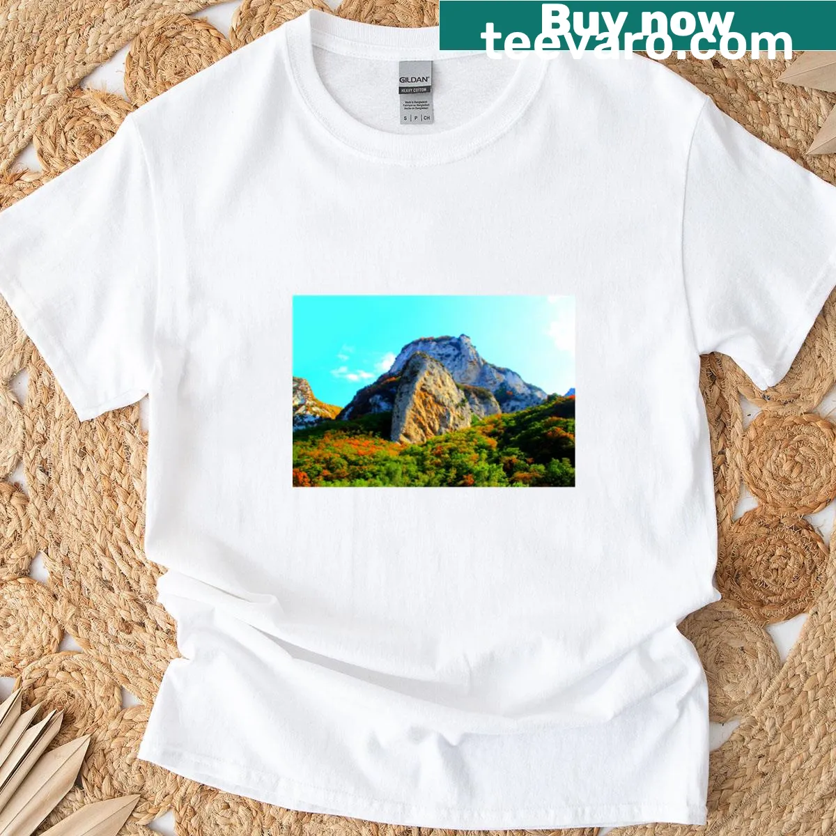 Mountain view graphic t-shirt depicting Gola Del Furlo — on a men's t-shirt