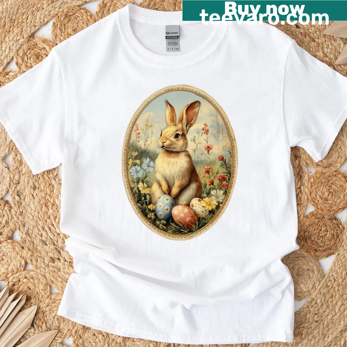 Vintage Easter bunny graphic with eggs and flowers — on a men's t-shirt