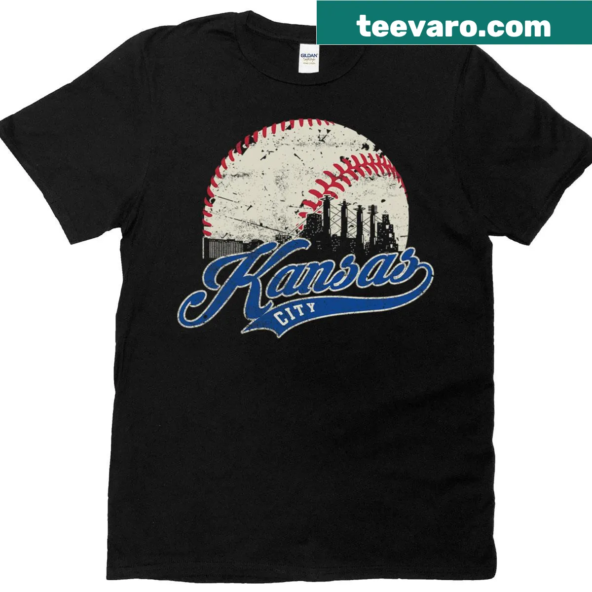 Retro baseball t-shirt featuring Kansas City skyline graphic — on a men's t-shirt