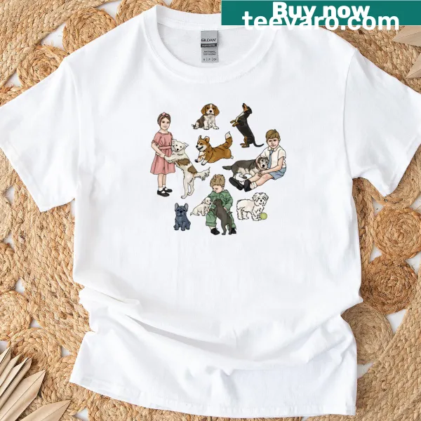 Vintage style t-shirt with an illustration of playful puppies for kids