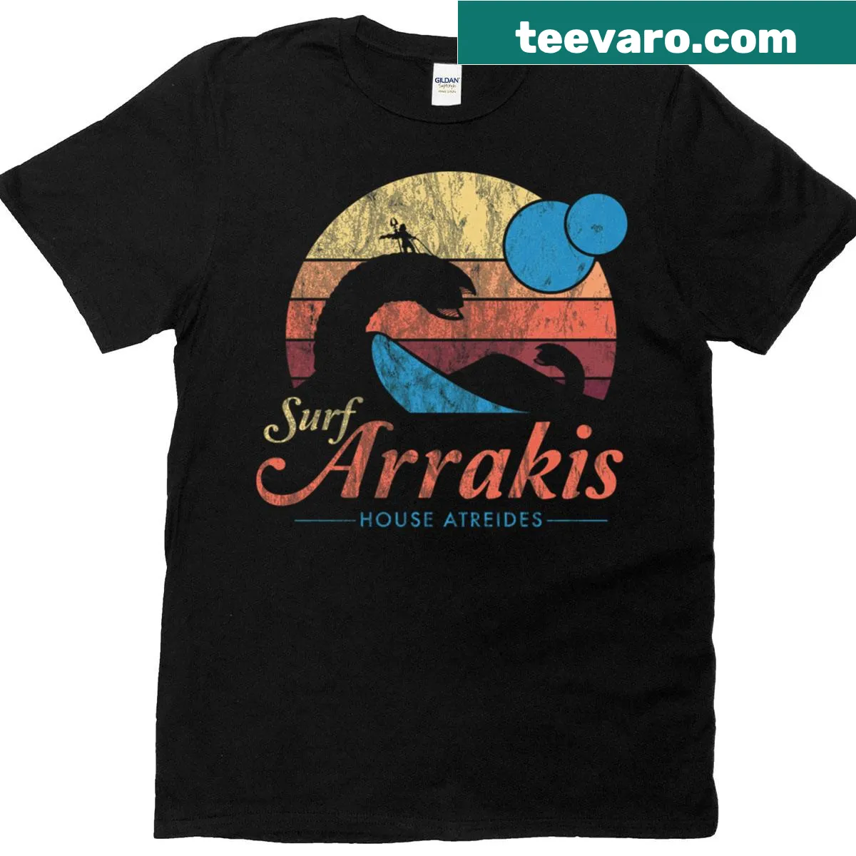 Vintage distressed T-shirt with 'Visit Arrakis' graphic from Dune — on a men's t-shirt