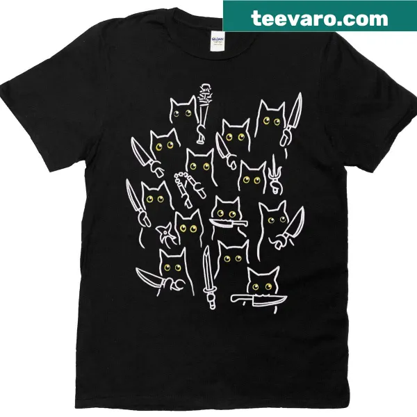 Imaginative T-shirt with graphic of a cat wielding weapons in a cosmic void