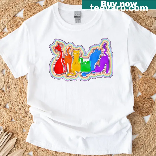 Cartoon-style t-shirt featuring quirky rainbow cats