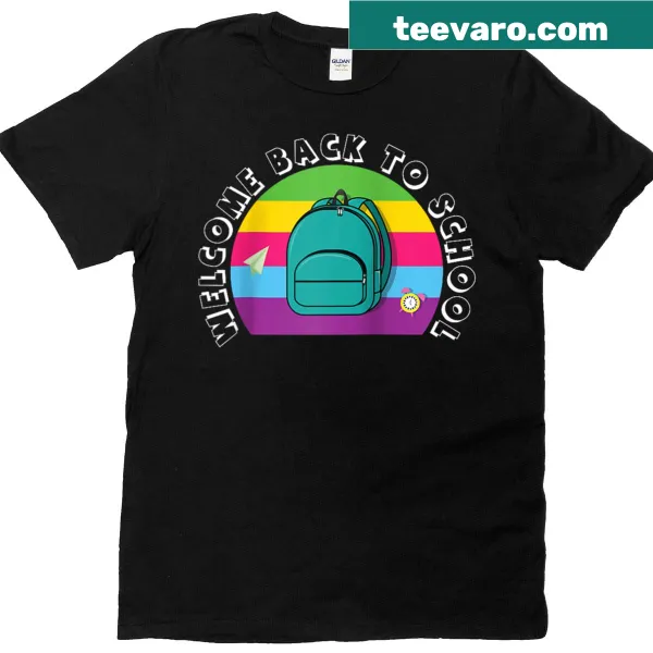 Illustrated rainbow and backpack design on a teacher's baseball tee