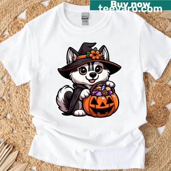 Playful T-shirt featuring a witch husky cartoon design
