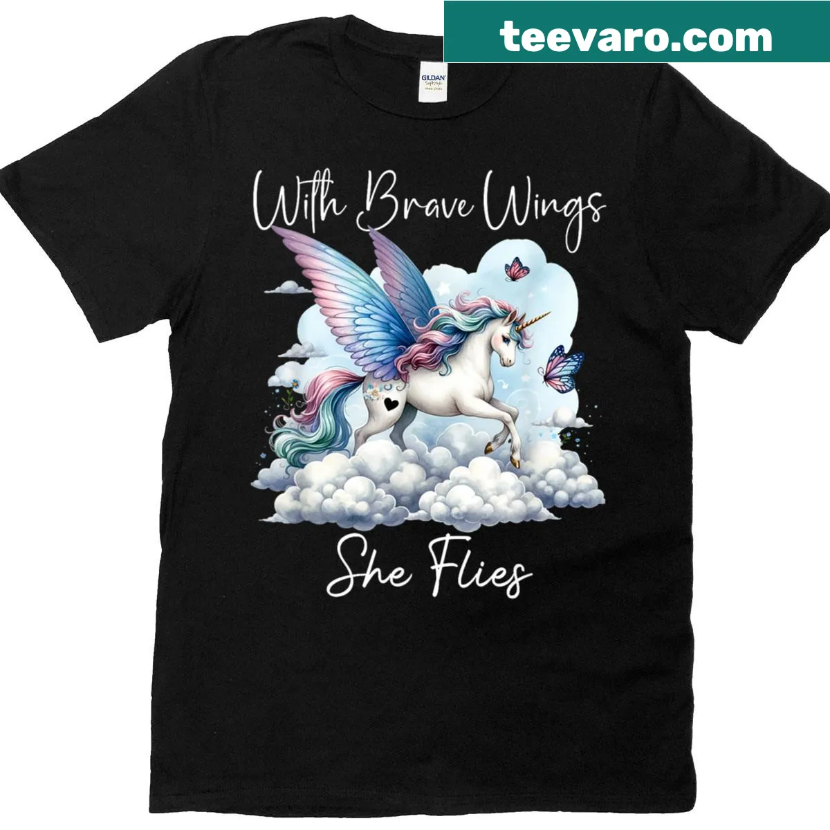 Magical unicorn t-shirt with butterflies and rainbow illustration — on a men's t-shirt