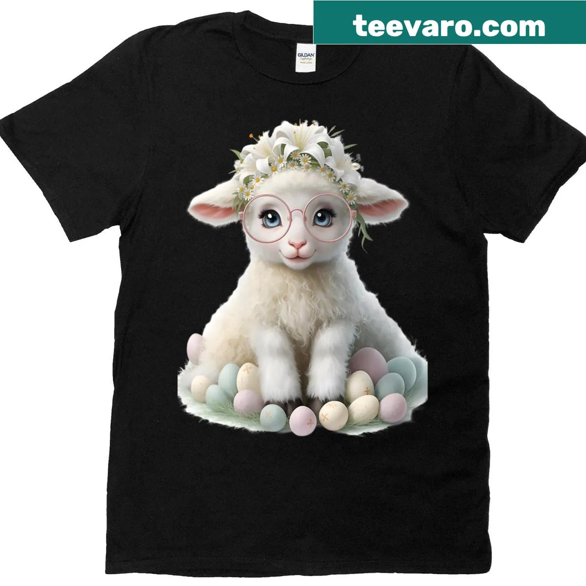 Cute lamb t-shirt with pink glasses and Easter crosses — on a men's t-shirt