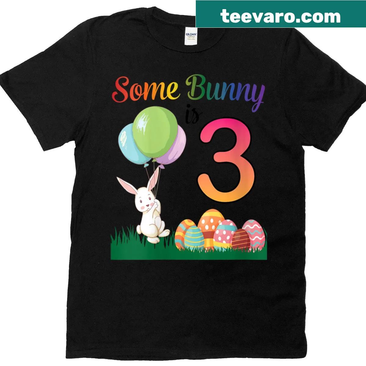 Easter birthday T-shirt with balloon eggs and bunny theme — on a men's t-shirt