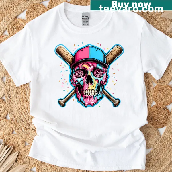 Fun women's baseball t-shirt with skull and ice cream graphic