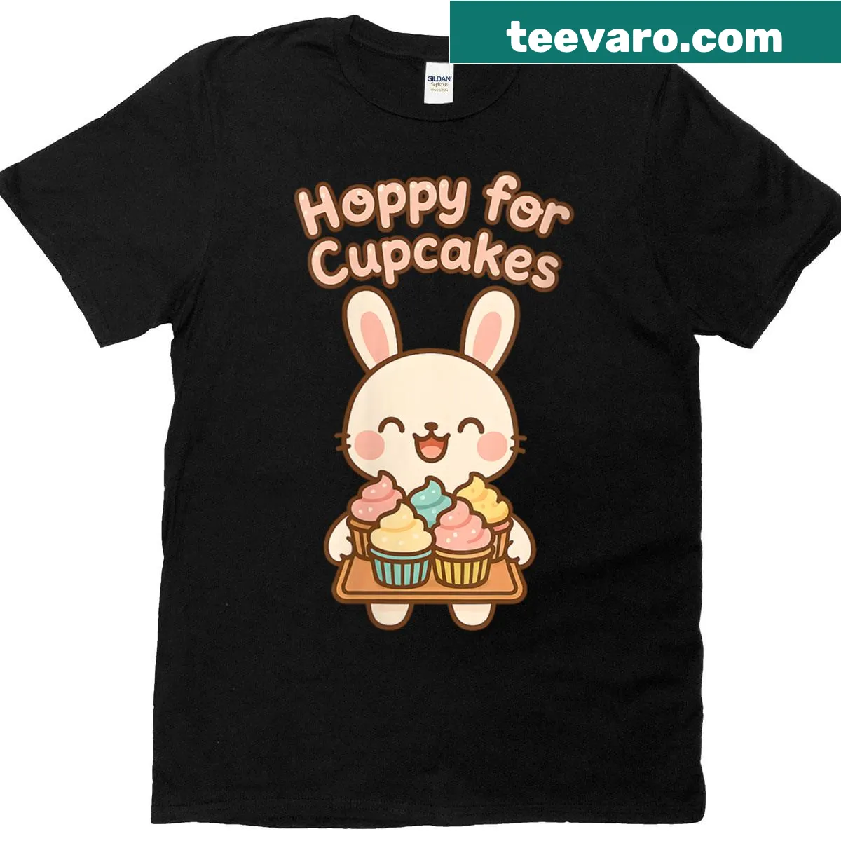 Kawaii Easter bunny T-shirt with cupcakes, perfect for dessert lovers — on a men's t-shirt