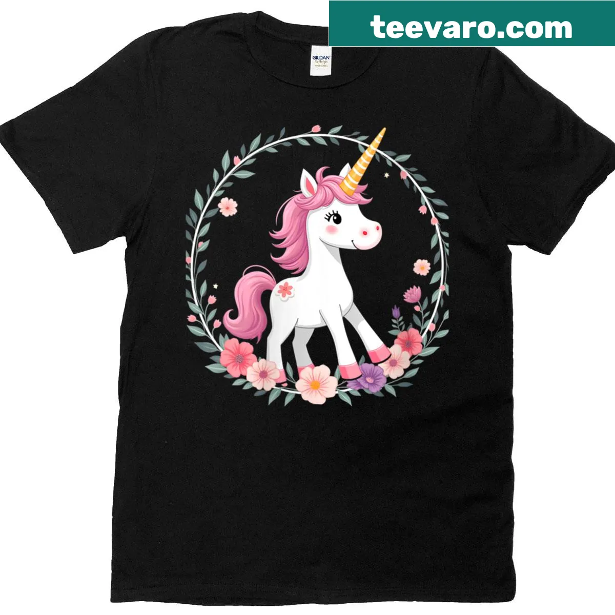 Kawaii unicorn graphic surrounded by flowers on a t-shirt — on a men's t-shirt