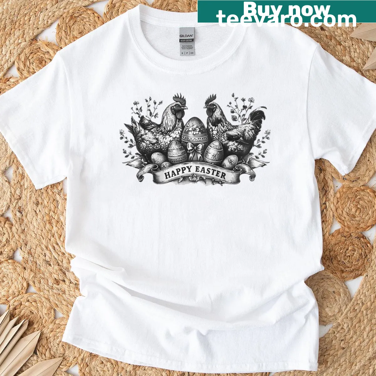 Illustrated chickens and eggs on a women's Easter baseball tee — on a men's t-shirt
