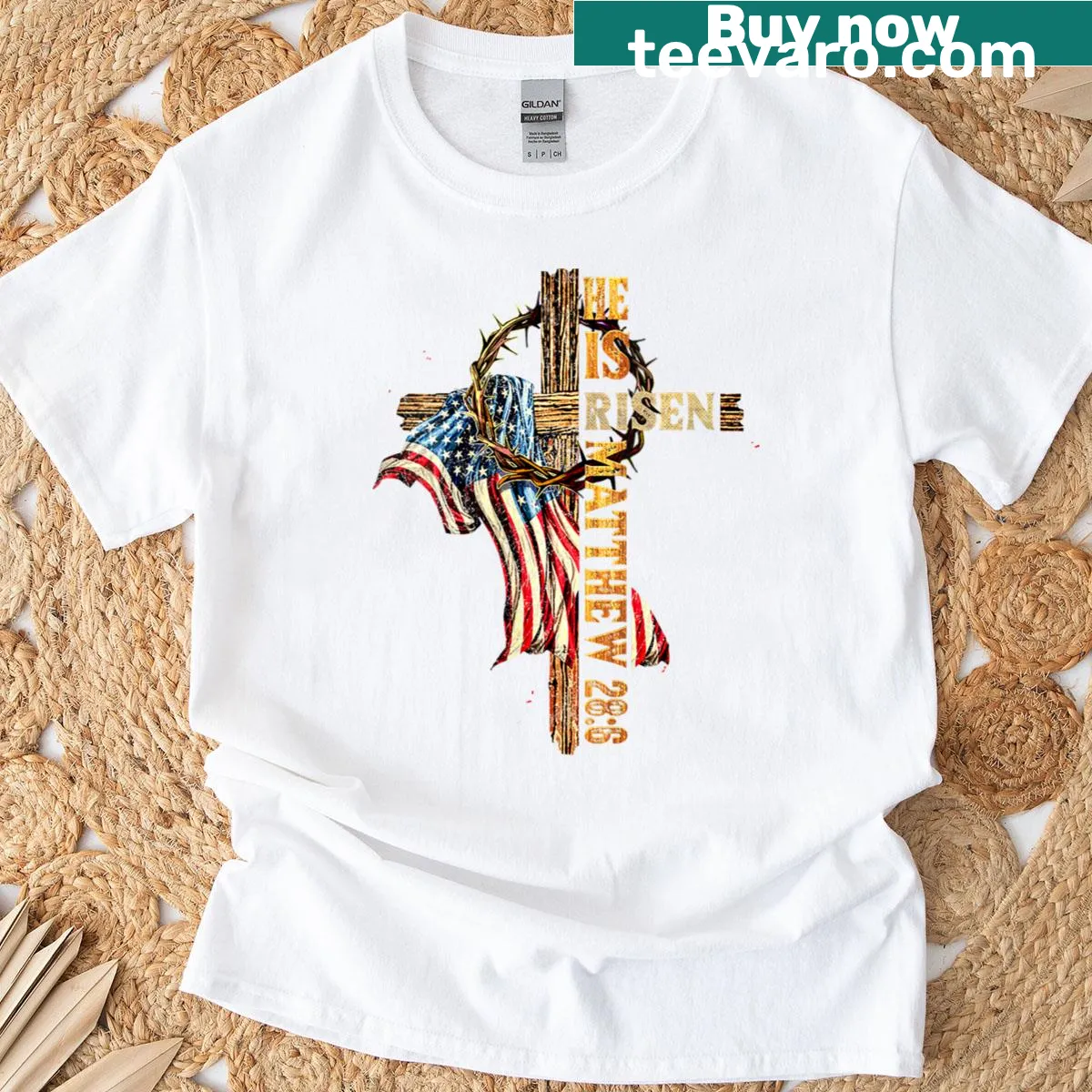 Easter-themed t-shirt with cross and USA flag design — on a men's t-shirt