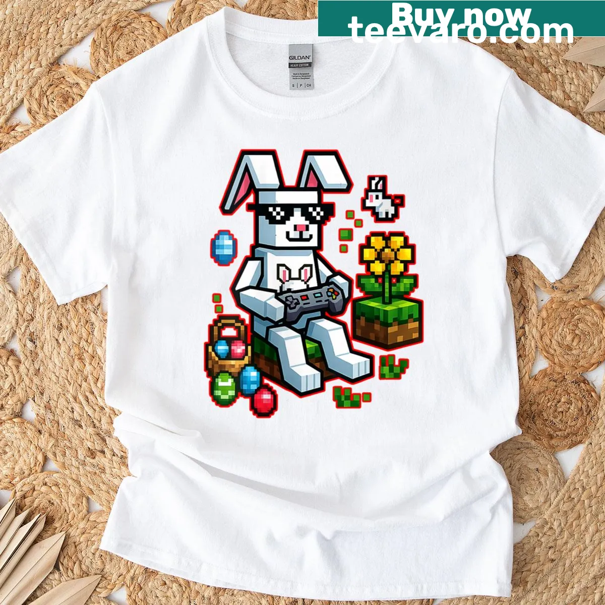 Cartoon bunny and eggs graphic for Easter-themed gaming T-shirt — on a men's t-shirt