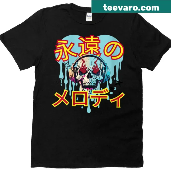 Skull graphic surrounded by musical notes on T-shirt