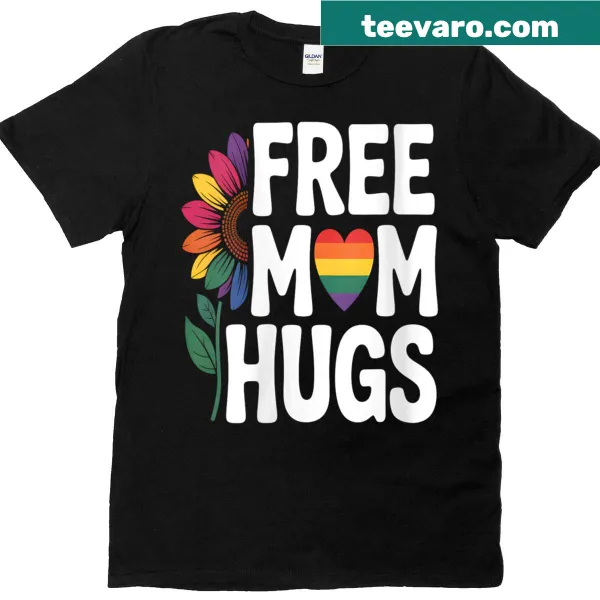 Illustrated t-shirt with 'Free Mom Hugs' text and rainbow sunflowers