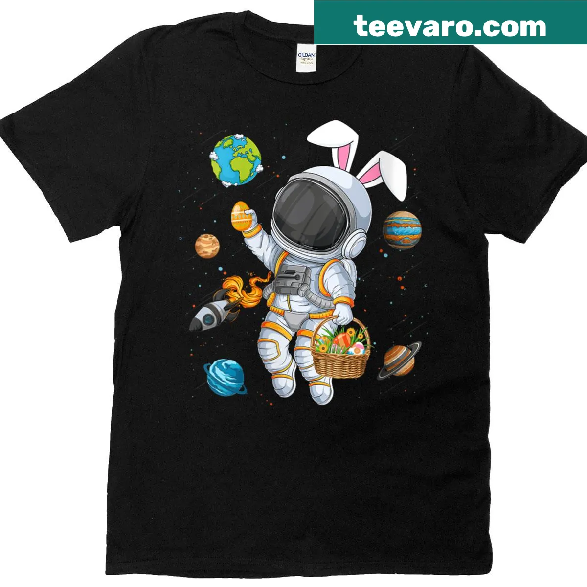 Cute astronaut with bunny ears and Easter eggs T-shirt — on a men's t-shirt