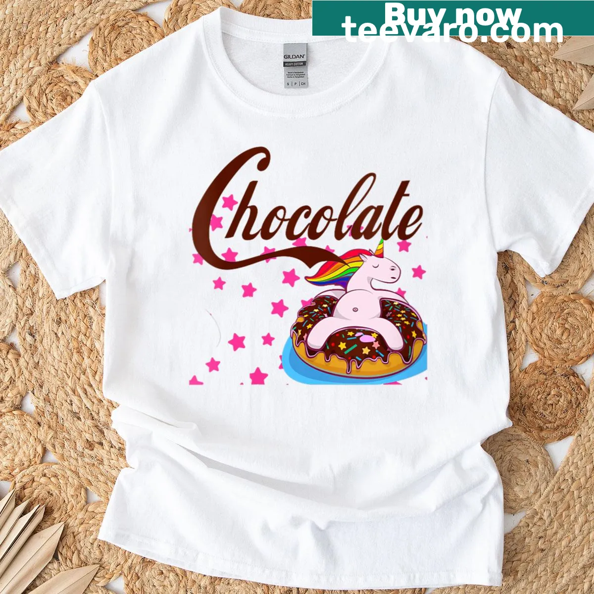 Whimsical donut and unicorn illustration on a playful T-shirt — on a men's t-shirt