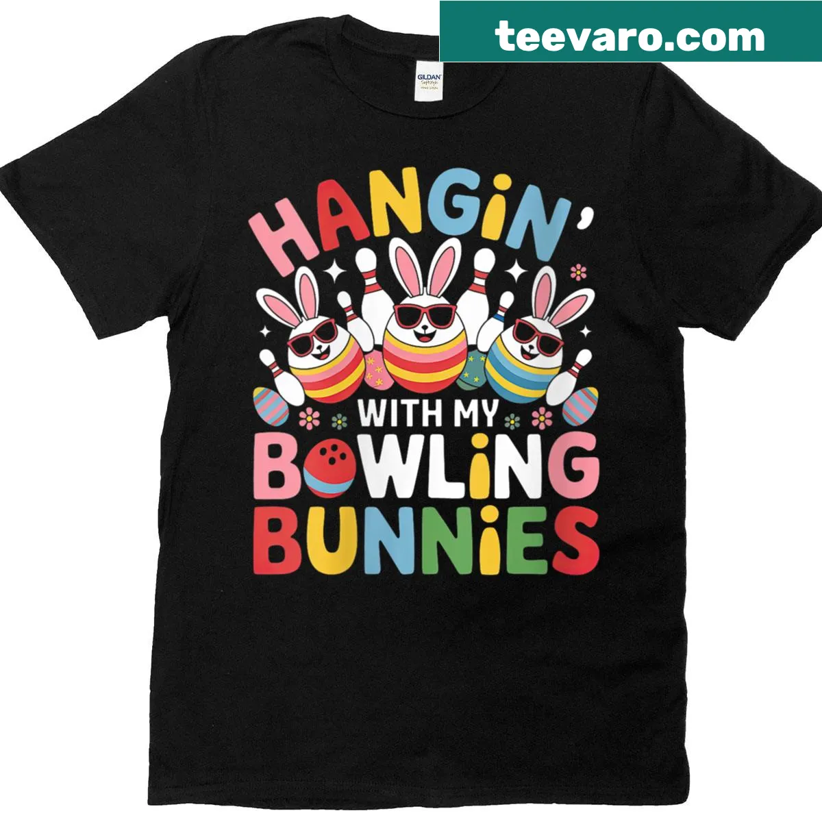 Playful bowling bunnies with Easter eggs graphic on T-shirt — on a men's t-shirt