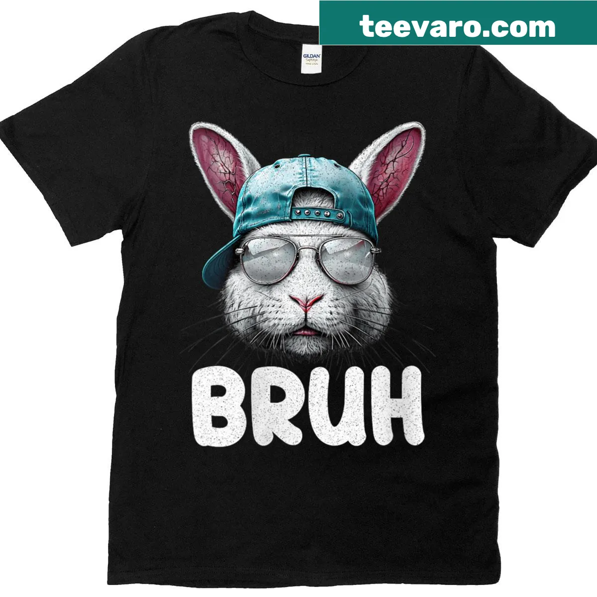 Meme bunny face with sunglasses graphic on T-shirt — on a men's t-shirt
