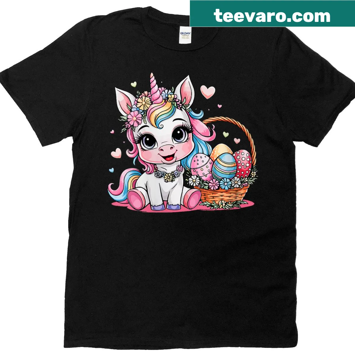 Easter-themed t-shirt with unicorn, bunny, and colorful eggs illustration — on a men's t-shirt